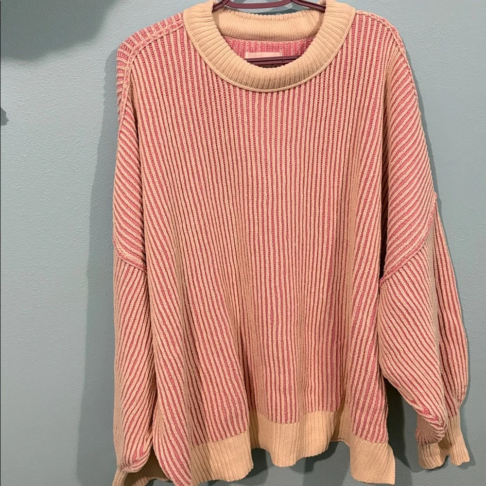 Aerie Oversized Pink and Cream Chenille Vertical Striped Sweater XXL - Picture 3 of 6